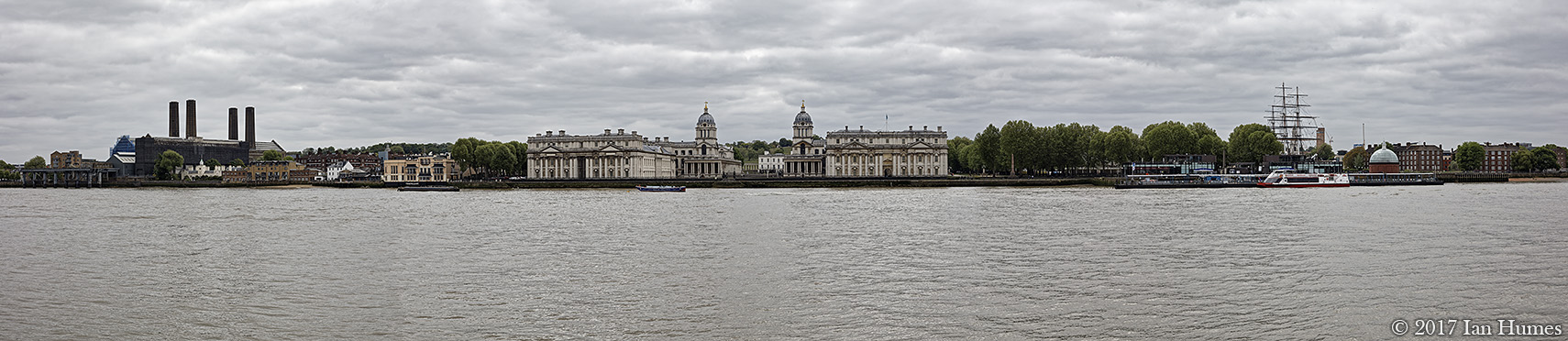Wide-angle stitched panoramic photograph from Island Gardens of Greenwich Maritime World Heritage Site. LVMF 24a2 - Island Gardens